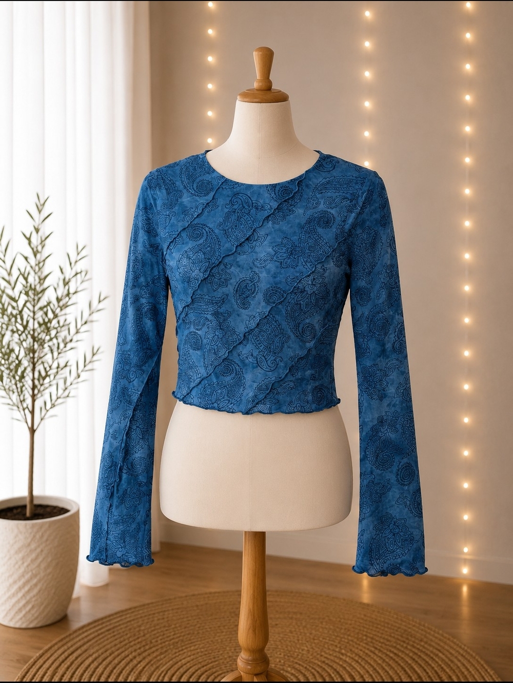 Bailey Rose Blue Paisley Mesh Long Sleeve Top Size Large Y2K Sheer Stretch